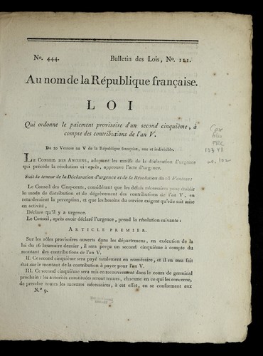Loi qui ordonne le paiement provisoire d'un second cinquie  me, a   compte des contributions de l'an V by France cover