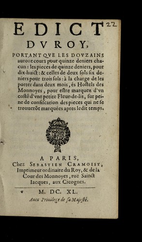 Edict du roy, portant que les douzains auront cours pour quinze deniers chacun by France cover