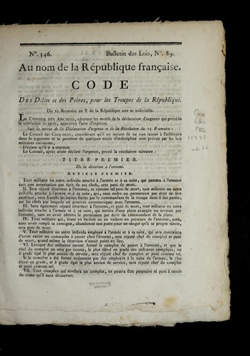 Code des de lits et des peines, pour les troupes de la Re publique by France cover