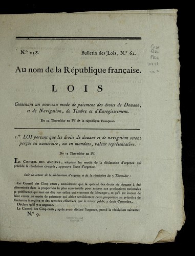 Lois contenant un nouveau mode de paiement des droits de douane, et de navigation, de timbre et d'enregissrement by France cover