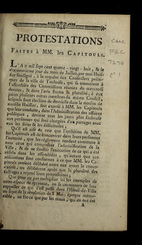Protestations faites a   MM. les capitouls by Toulouse (France) cover