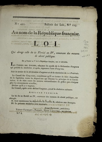Loi qui abroge celle du 21 flore al an IV, contenant des mesures de su rete  publique by France cover
