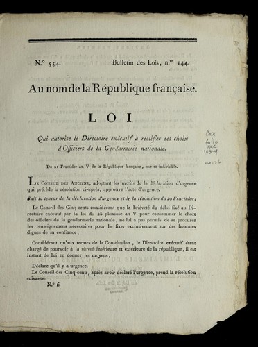 Loi qui autorise le Directoire exe cutif a   rectifier ses choix d'officiers de la Gendarmerie nationale by France cover