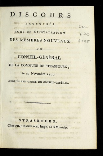 Discours prononce s lors de l'installation des membres nouveaux by Strasbourg (France) cover