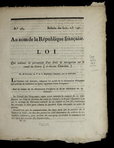 Loi qui ordonne la perception d'un droit de navigation sur le canal du Centre (ci-devant Charolais) by France cover