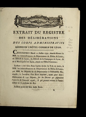 Extrait du registre des de liberations des corps administratifs re unis en l'ho tel commun de Lyon by Lyon (France) cover