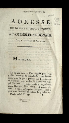 Adresse du de partement de l'Yonne, a l'Assemble e nationale, dans la se ance du 26 juin 1790