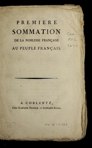 Premiere sommation de la noblesse franc ʹaise au peuple franc ʹais by  cover