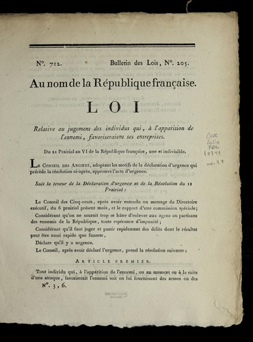 Loi relative au jugement des individus qui, a   l'apparition de l'ennemi, favoriseraient ses entreprises by France cover