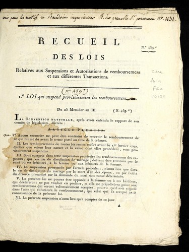 Recueil des lois relatives aux suspensions et autorisations de remboursemens et aux diffe rentes transactions by France cover