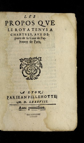 Les propos qve le Roy atenvs a Chartres, avx deputez de sa Cour de Parlement de Paris by France cover