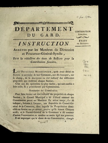 Instruction arre te e par les membres du directoire et procureur-ge ne ral-syndic, sur la re daction des e tats de sections pour la contribution foncie  re by Gard (France) cover