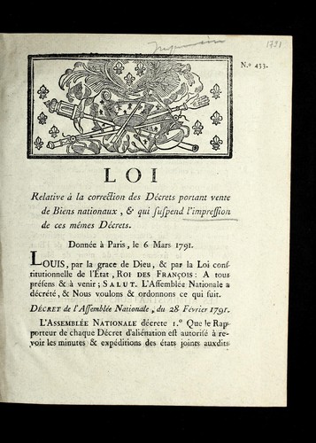Loi relative a   la correction des de crets portant vente de biens nationaux, & qui suspend l'impression de ces me mes de crets by France cover