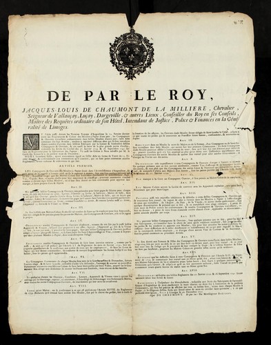 De par le roy, Jacques-Louis de Chaumont de La Milliere, Chevalier, Seigneur de Vallanc ʹay, Luc ʹay, Dargeville, & autres lieux, conseiller du roy en ses conseils, mai tre des reque tes ordinaire de son ho tel, intendant de justice, police & finances en la ge ne ralite  de Limoges by Limoges (France) cover