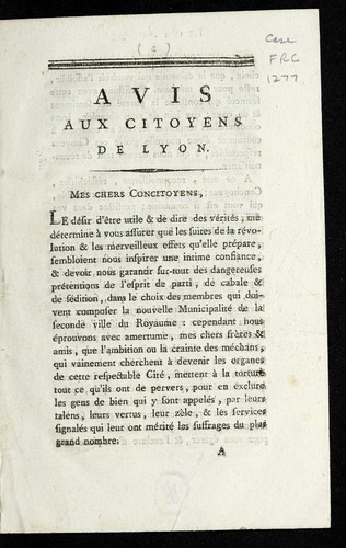 Avis aux citoyens de Lyon by Lyon (France) cover
