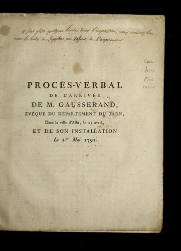 Proc`es-verbal de l'arrive e de M. Gausserand by Tarn (France) cover