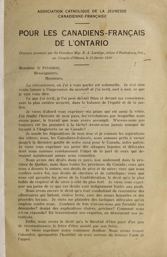 Pour les Canadiens-Français de l'Ontario by E. A. Latulipe cover