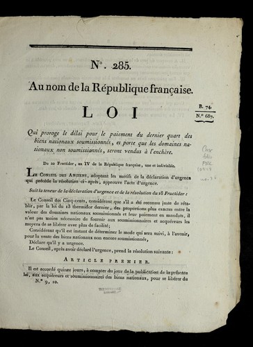 Loi qui proroge le de lai pour le paiement du dernier quart des biens nationaux soumissionne s, et porte que les domaines nationaux non soumissionne s, seront vendus a   l'enche  re by France cover