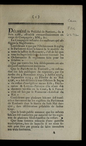 De libe re  du pre sidial de Pamiers, du 2 juin 1788, assemble  extraordinairement en corps de compagnie ... by Pamiers (France) cover