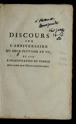 Discours sur l'anniversaire du deux pluviose an VII [21 janvier 1799] by Yonne (France) cover