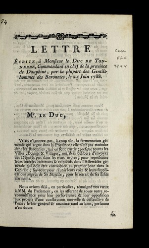 Lettre e crite a   Monsieur le Duc de Tonnerre by Dauphine  (France) cover