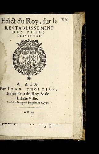 Edict du roy, sur le restablissement des peres iesuistes by France cover