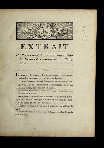 Extrait du proc`es-verbal de re union et circonscription des paroisses de l'arrondissement du district d'Arras by Arras (France) cover
