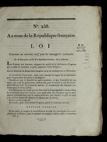 Loi contenant un nouveau tarif pour les messageries nationales by France cover