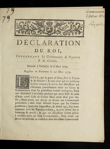 Declaration du roi, concernant les communaute s de papetiers & de cartiers by France cover