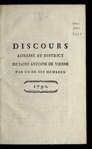 Discours adresse  au district de Saint Antoine de Vienne by Vienne (France) cover