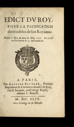 Edict du roy, pour la pacification des troubles de son royaume by France cover
