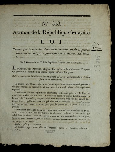 Loi portant que le prix des re quisitions exerce es depuis le premier brumaire an IV, sera pre compte  sur le montant des contributions by France cover