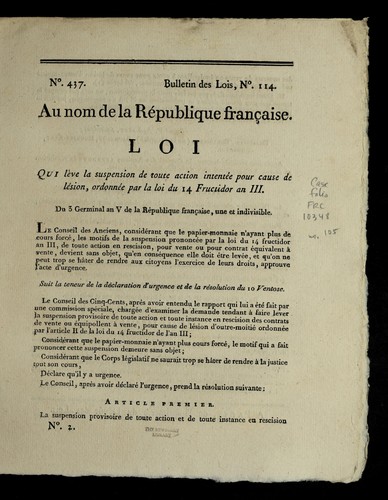 Loi qui le  ve la suspension de toute action intente e pour cause de le sion, ordonne e par la loi du 14 fructidor an III by France cover