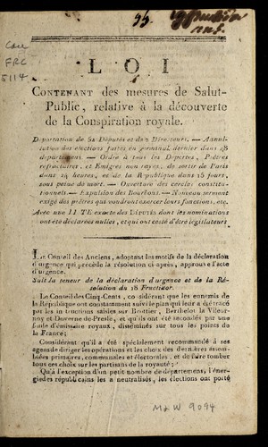 Loi contenant des mesures de salut-public, relative a   la de couverte de la conspiration royale ... by France cover