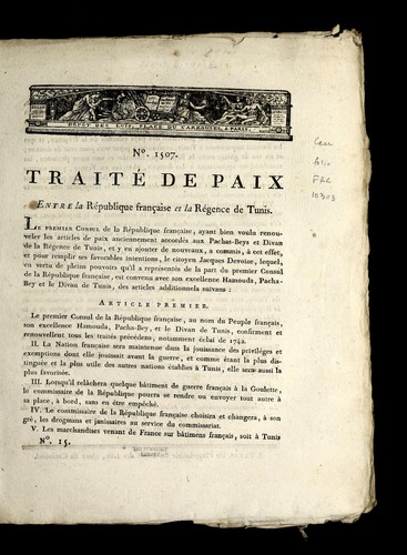 ... Traite  de paix entre la Re publique franc ʹaise et la Re gence de Tunis by France cover