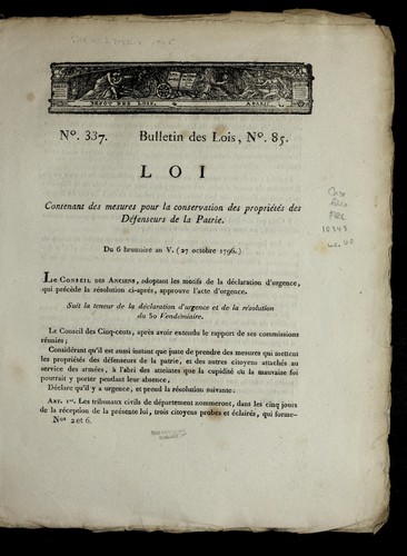 Loi contenant des mesures pour la conservation des proprie te s des de fenseurs de la patrie by France cover