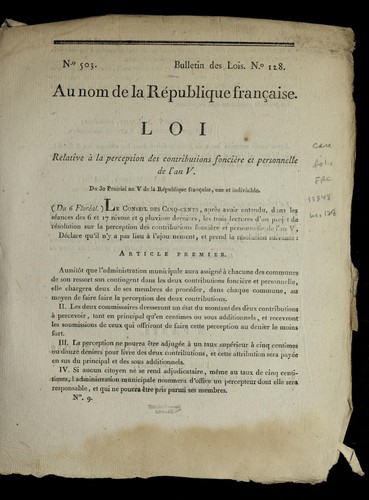 Loi relative a   la perception des contributions foncie  re et personnelle de l'an V by France cover