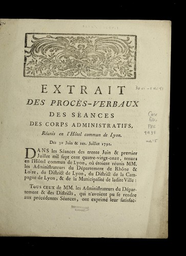 Extrait des proce  s-verbaux des se ances des corps administratifs, re unis en l'ho tel commun de Lyon by Lyon (France) cover