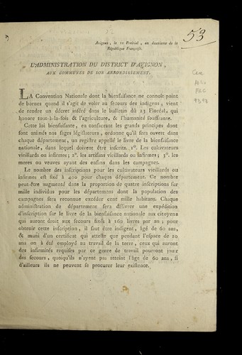 ... L'administration du district d'Avignon, aux communes de son arrondissement