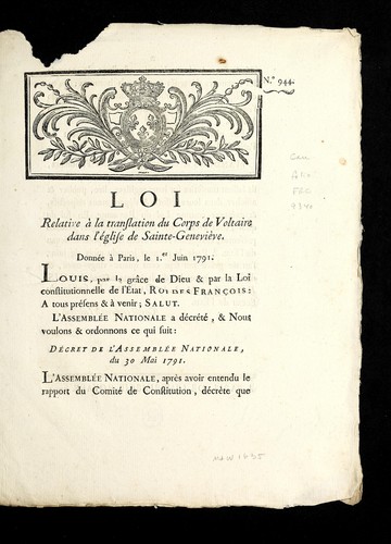 Loi relative `a la translation du corps de Voltaire dans l'E glise de Sainte-Genevi`eve by France cover