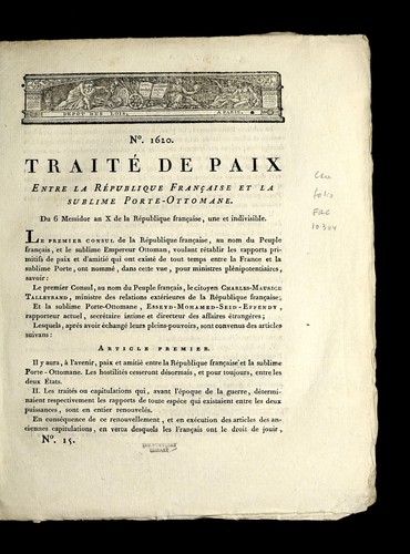 ... Traite  de paix entre la Re publique franc ʹaise et la sublime Porte-Ottomane by France cover