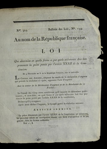 Loi qui de termine en quelle forme et par quels tribunaux doit e tre prononce e la peine porte e par l'article XXXII de la Constitution