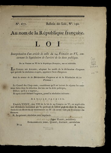Loi interpre tative d'un article de celle du 24 frimaire an VI, concernant la liquidation de l'arrie re  de la dette publique by France cover