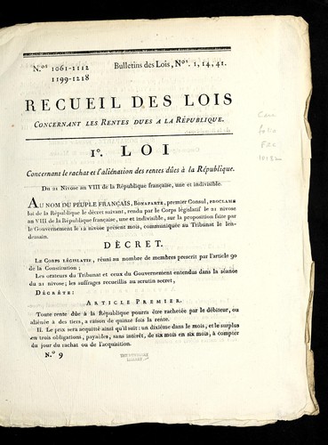 ... Recueil des lois concernant les rentes dues a la Re publique by France cover