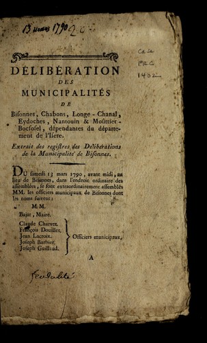 De libe ration des municipalite s de Bisonnes, Chabons, Longe-Chanal, Eydoches, Nantouin & Mou ttier-Bocsosel, de pendantes du de partement de l'Ise  re by Bisonnes (France) cover
