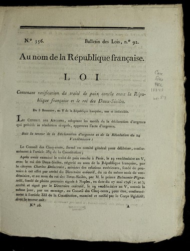 Loi contenant ratification du traite  de paix conclu entre la Re publique franc ʹiase et le roi des Deux-Siciles by France cover