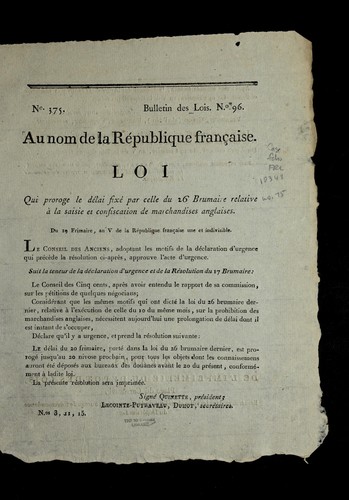 Loi qui proroge le de lai fixe  par celle du 26 brumaire relative a   la saisie et confiscation de marchandises anglaises by France cover