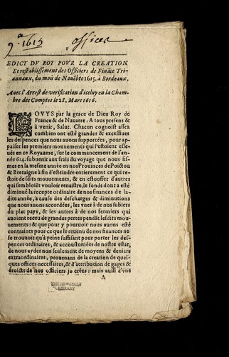 Edict dv Roy povr la creaton et restablissement des Officiers de Fina[n]ce Triannaux, du mois de Noue[m]bre 1615. a   Bordeaux by France cover
