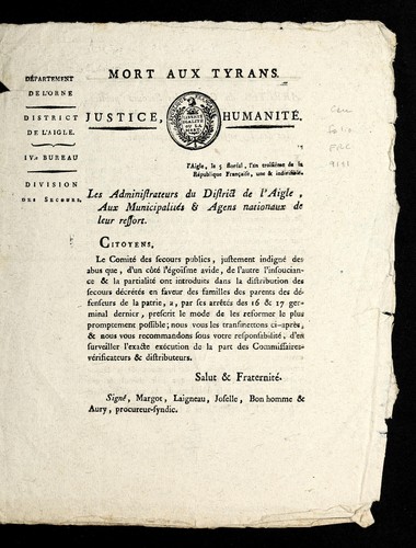 ... Les administrateurs du district de l'Aigle, aux municipalite s & agens nationaux de leur ressort by L'Aigle (France) cover