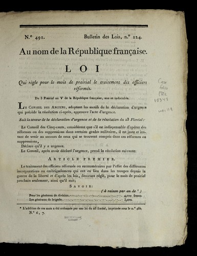 Loi qui re  gle pour le mois de prairial le traitement des officiers re forme s by France cover